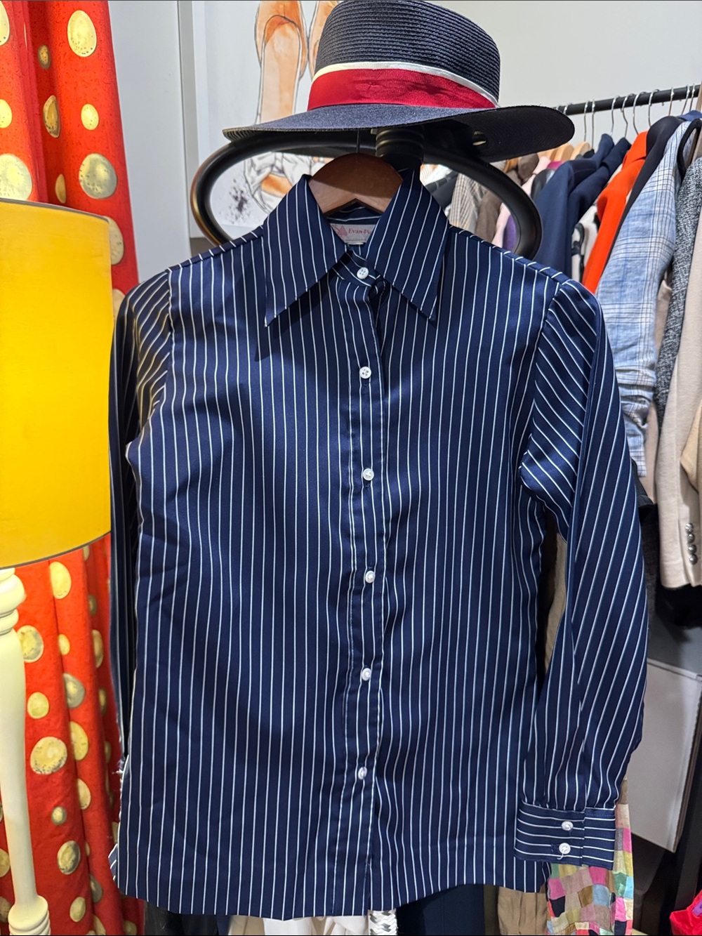 Evan Picone Navy and White Pinstripe Button-Up Shirt. Vintage and gorgeous!
